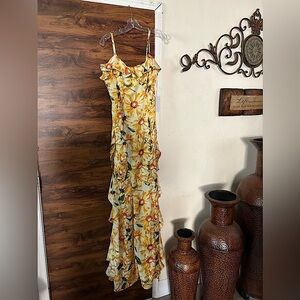 Floral Dress colors yellow white green leaves. Background is not mint green.